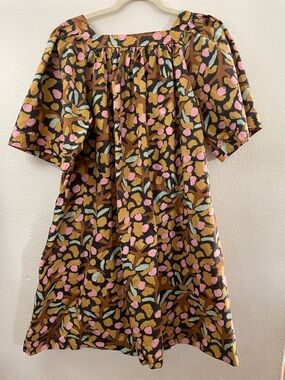 WHIT Abstract Spot Print Dress in Mustard, Pink & Light Blue pockets 100% cotton